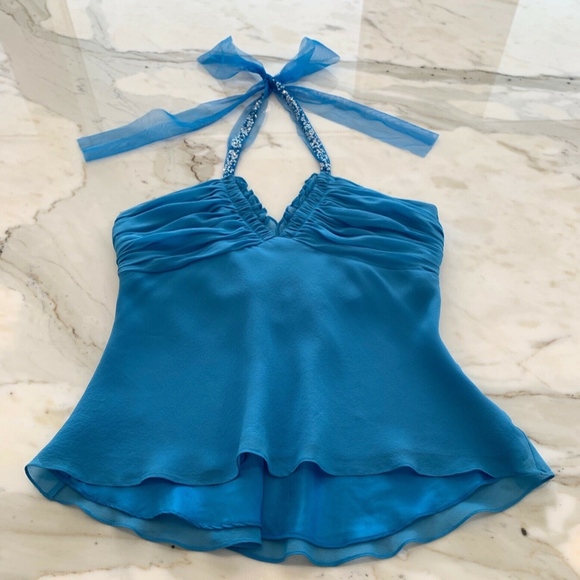 BCBG BLUE SILK EMBELLISHED HALTER TOP SIZE SMALL - Picture 10 of 14